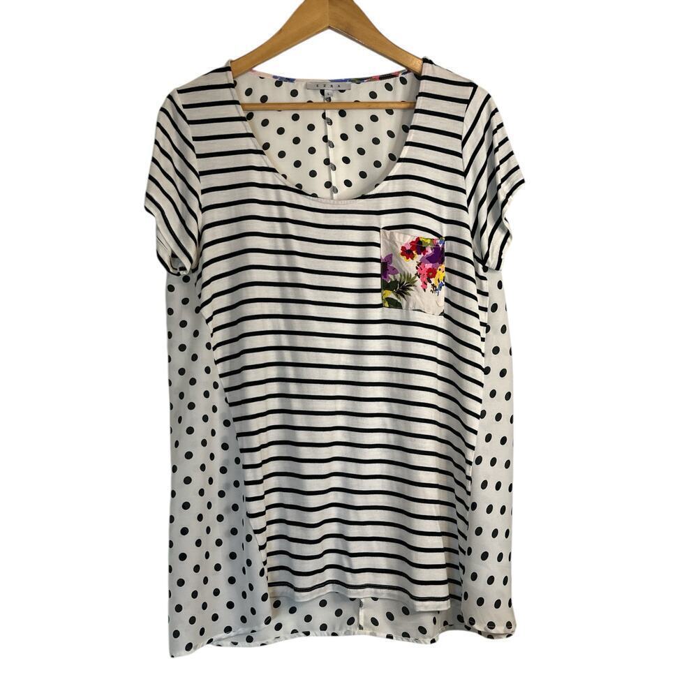 Ezra Women's High Low Polka Dot Striped Pocket Soft Pullover Tee Size L White